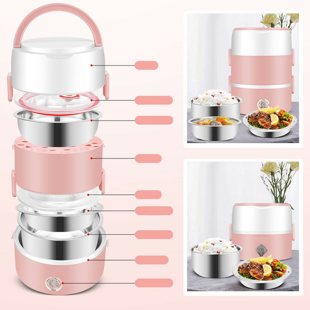 Hộp cơm hâm nóng điện Playbear (mới nhất) inox xịn 304 3 tầng DFH-2019