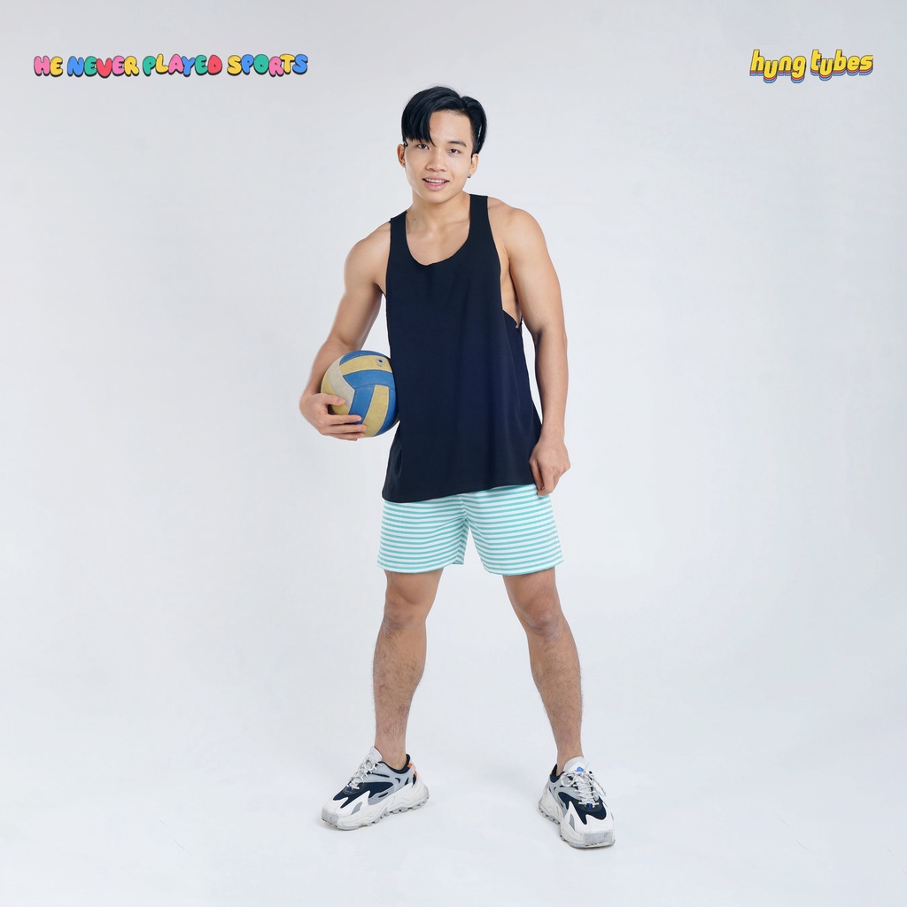 Ba lỗ đen không đường may chất cotton, Quần sọc đi biển Hungtubes.