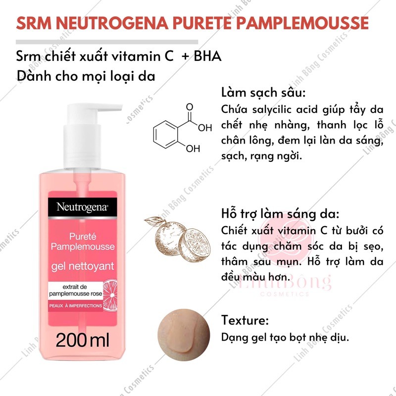 SỮA RỬA MẶT LÀM SÁNG DA NEUTROGENA VISIBLY CLEAR GEL NETTOYANT ROSE VÒI 200ML