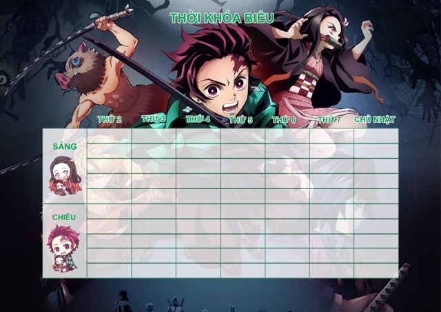 Thời khoá biểu anime kimetsu no Yaiba nhiều mẫu có đề can bóc dán