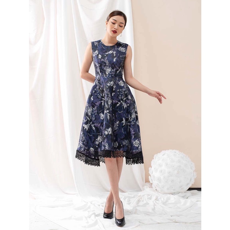 Đầm Xòe Sát Nách FIONA In Họa Tiết Hoa Kim Tuyến, Phối Ren Dây MÃ L459029