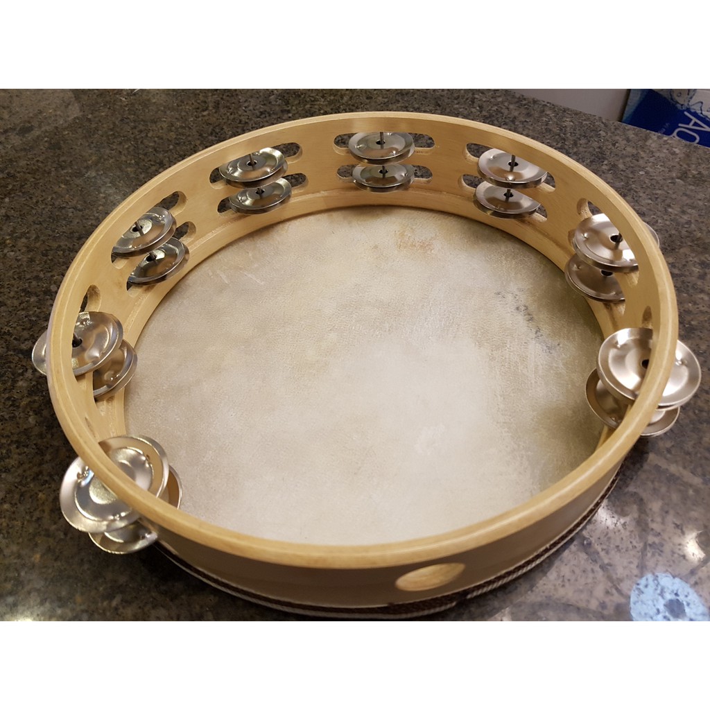 Tamborine gỗ mặt da dê có leng keng