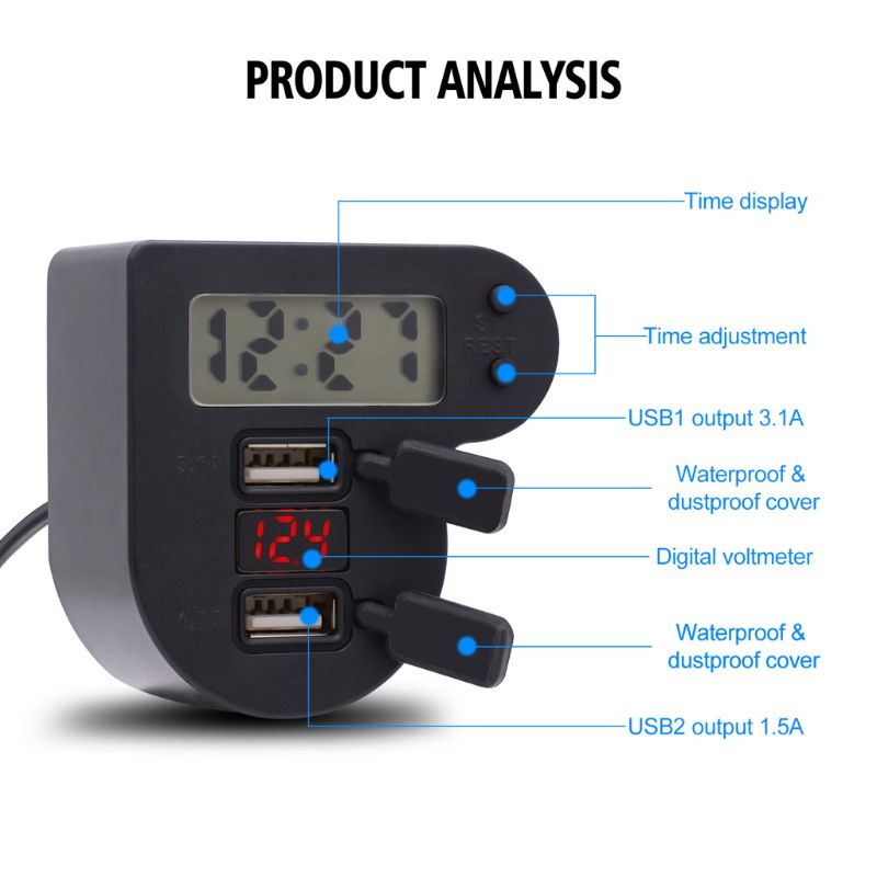 Bộ Sạc USB Kép 12V 24V Chống Nước Có Đồng Hồ LED Hiển Thị Thời Gian Cho Điện Thoại Di Động