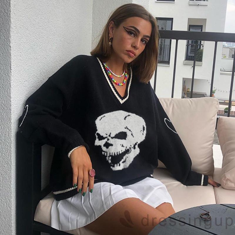 Áo Sweater Nữ Tay Dài Dáng Rộng Cổ Chữ V Thời Trang