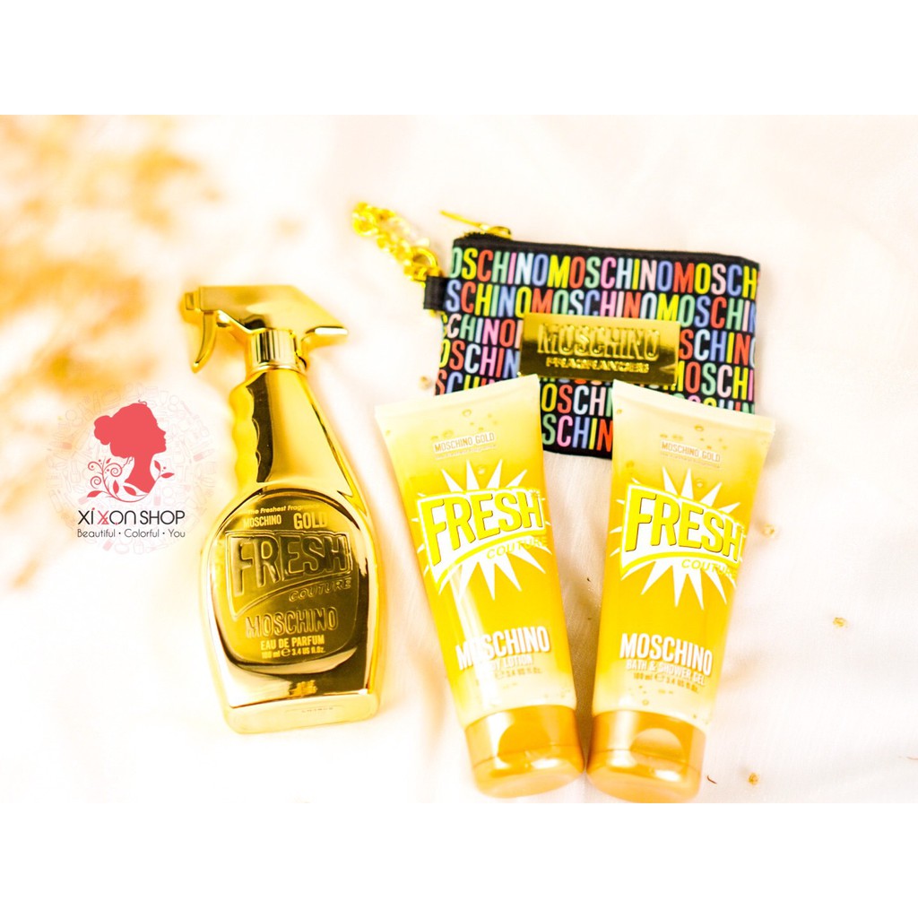 BỘ QUÀ TẶNG MOSCHINO FRESH GOLD NƯỚC HOA 100ML, DƯỠNG THỂ 100ML, SỮA TẮM 100ML & VÍ CẦM TAY