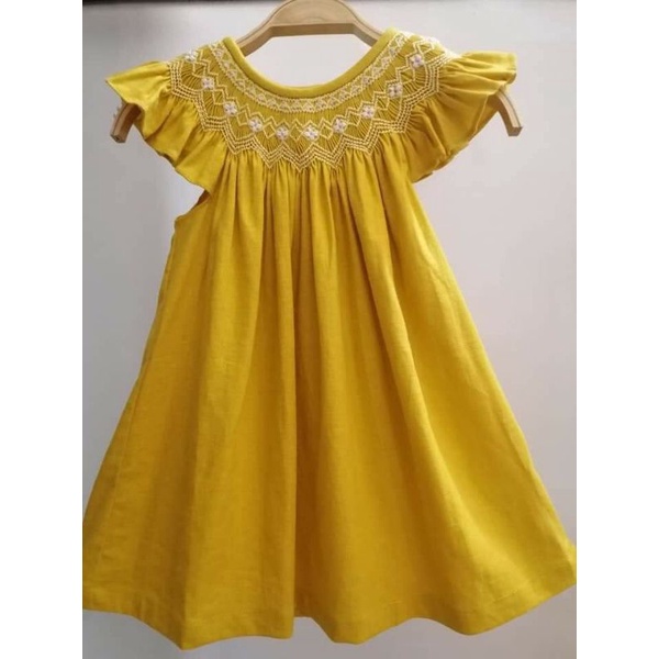 váy smock cho bé màu vàng linen đẹp
