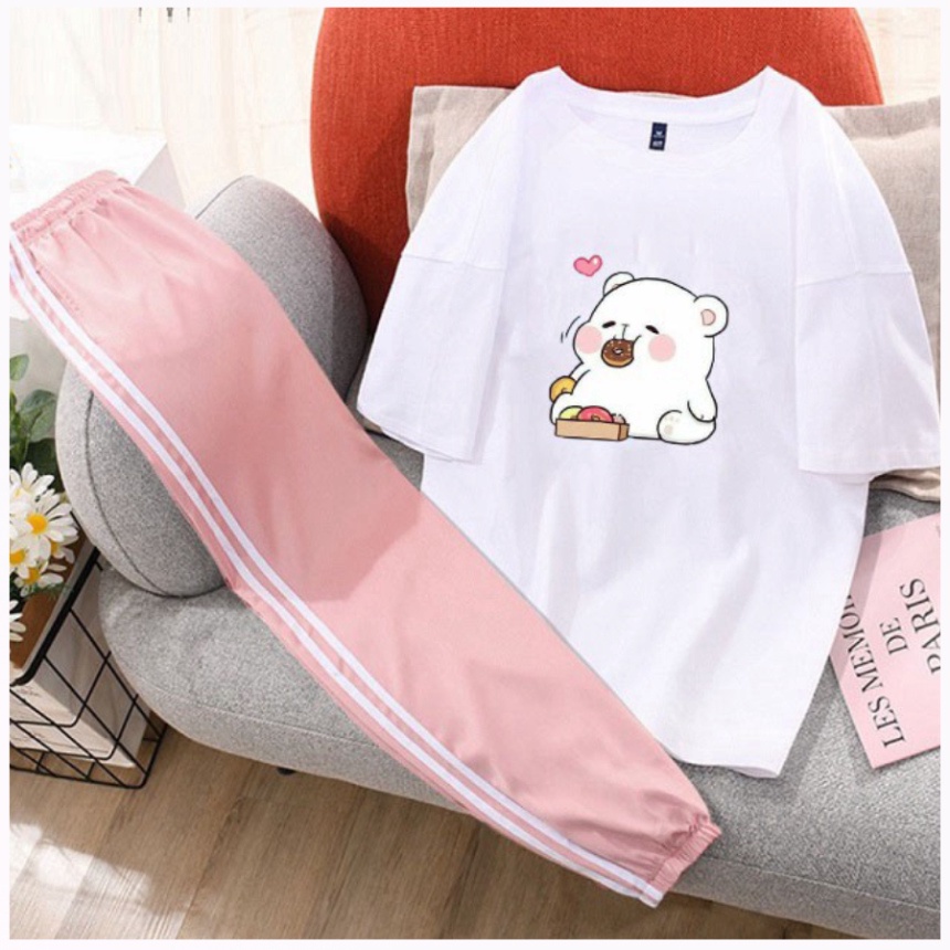Sét áo phông gấu tim ăn bánh + quần ống rộng 2 sọc chun gấu HARIQUEEN