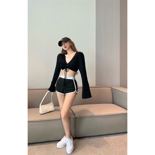 Áo croptop thun gân tay loe dài màu trơn cổ V rút dây khoét ngực sexy - Mã: 755 TV-Fashion
