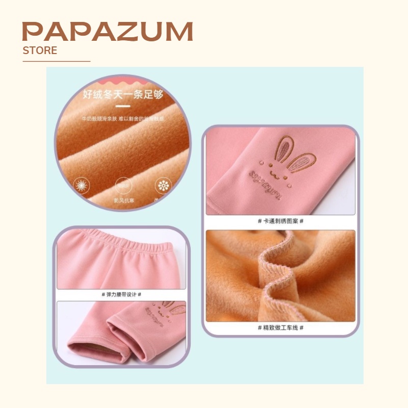 Quần legging nỉ lót lông cho bé trai bé gái thêu hình thỏ giữ ấm cho bé PAPAZUM SA574