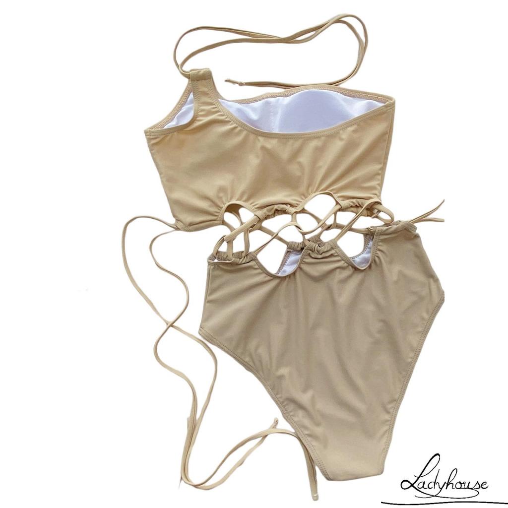 LD-Women One-shoulder Swimwear, Beige Patchwork Hollow Out Tie-up One-piece Bathing Suit, S/ M/ L