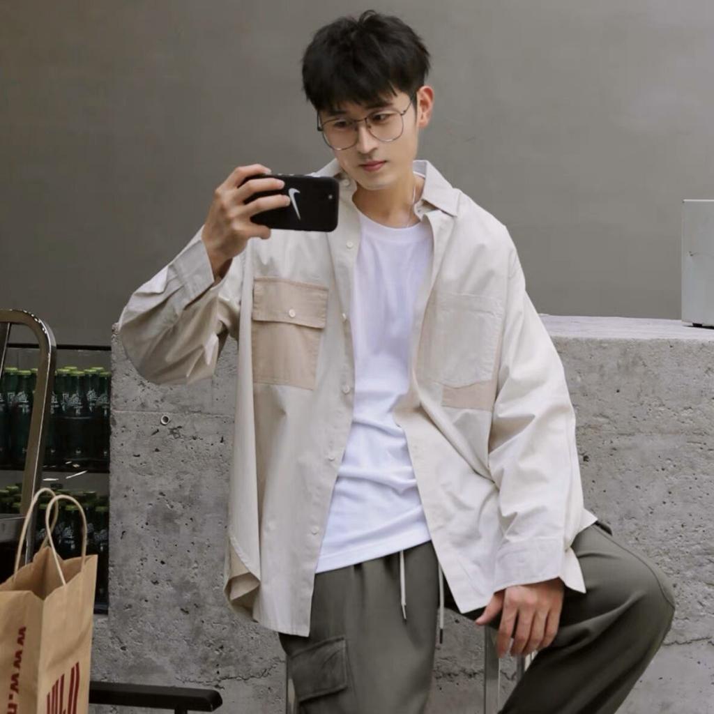 Áo sơ mi nam form rộng dài tay Boiz áo sơ mi nam unisex kaki túi phối 2 màu