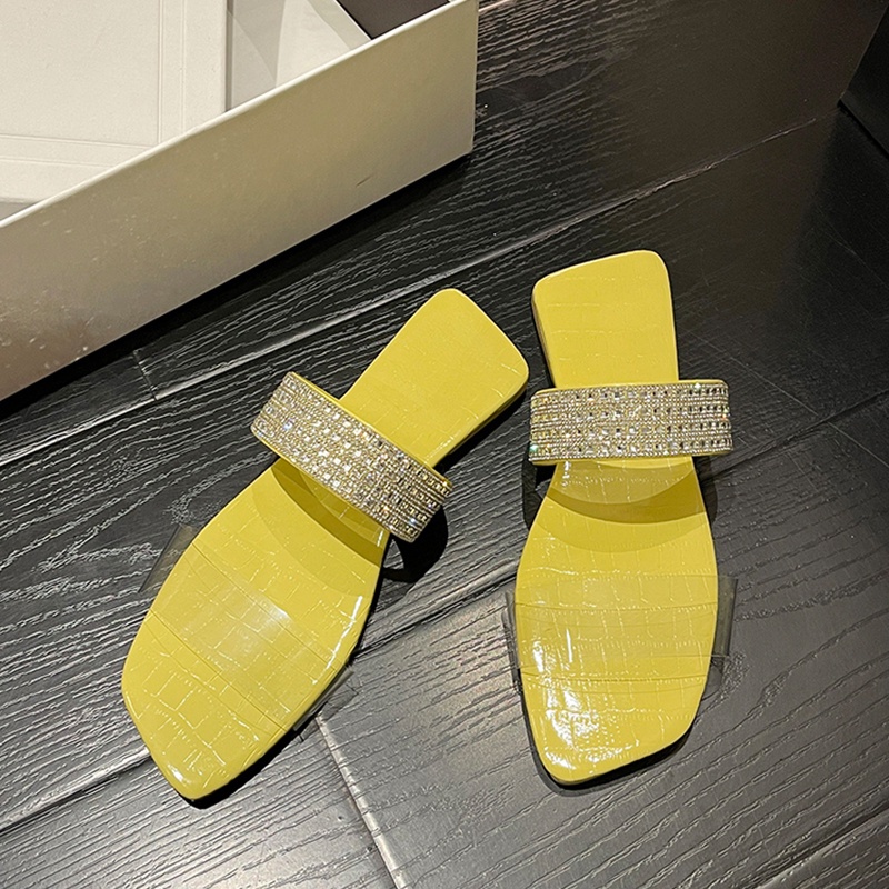 IELGY Dép Sandal Mũi Vuông Trong Suốt Đính Đá Phong Cách Hàn Quốc