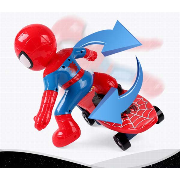 Đồ chơi người nhện lướt ván hàng loại 1 có bánh xe đỏ.