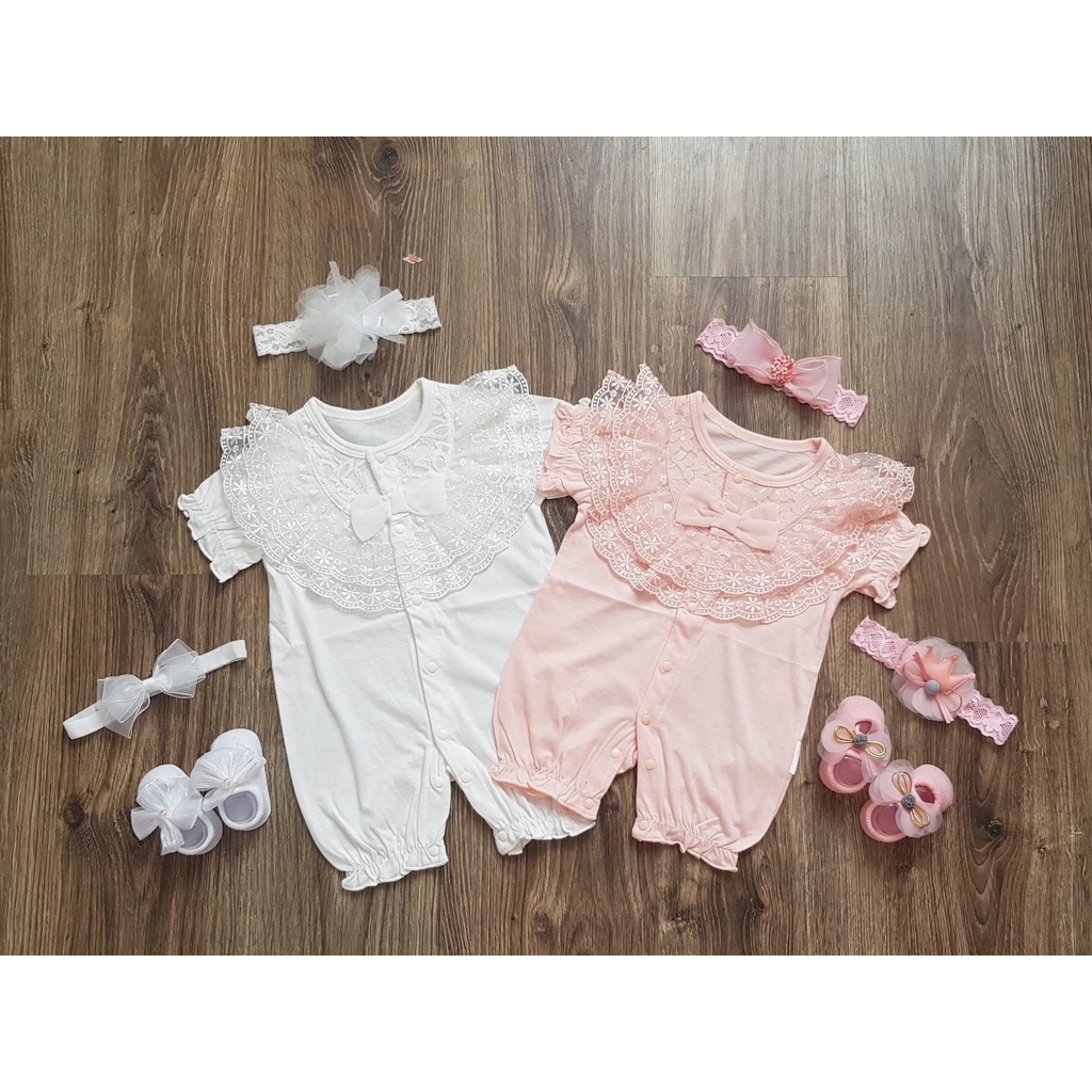 Bộ bé gái - Body cộc ren nơ ngực cho bé