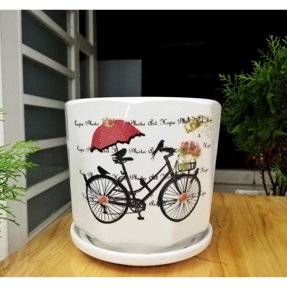 Chậu trồng cây mini để bàn, trang trí nhà cửa, có đĩa dính liền dưới chống rò rỉ nước size 15*14cm