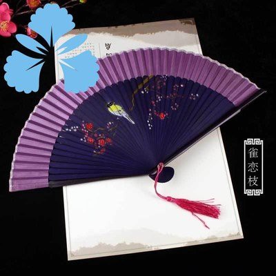 ( M65 ) Quạt cổ trang dây tuyến viền tím CHIM VÀNG cầm tay quà tặng xinh xắn cosplay phong cách trung hoa