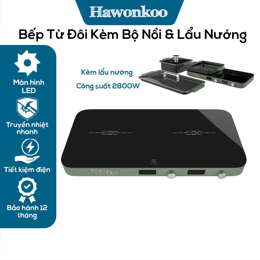 Bếp Từ Đôi Kèm Bộ Nồi Hawonkoo MCEH-200-II, Kèm Lẩu Nướng, Điều Khiển Cảm Ứng Màn Hình LED, Bảo Hành 12 Tháng
