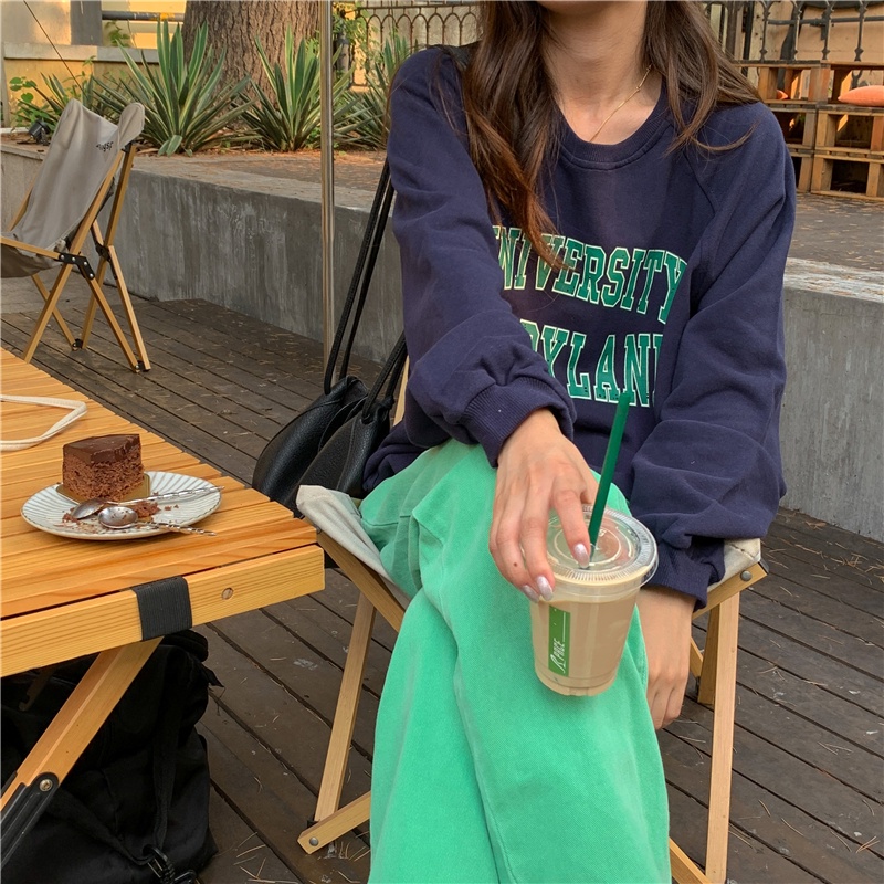 Áo sweater tay dàI cổ tròn in chữ thiết kế mớI phong cách hàn quốc