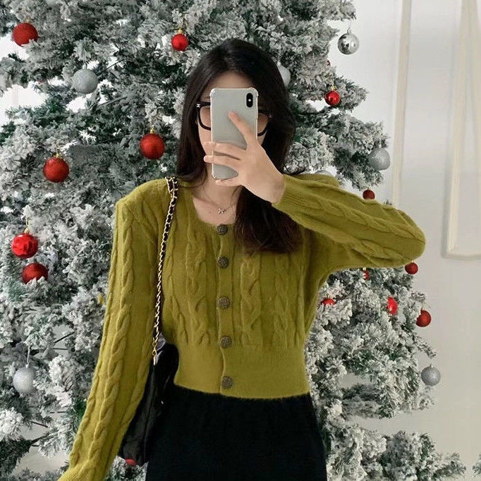 Áo cardigan dệt kim ZHELIHANGFEI tay dài cổ vuông lưng cao thiết kế dễ thương sáng tạo