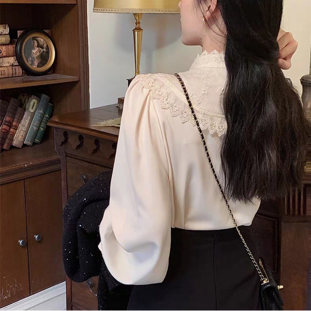 Áo sơ mi SUXI tay phồng dài màu trơn phong cách vintage Hàn Quốc