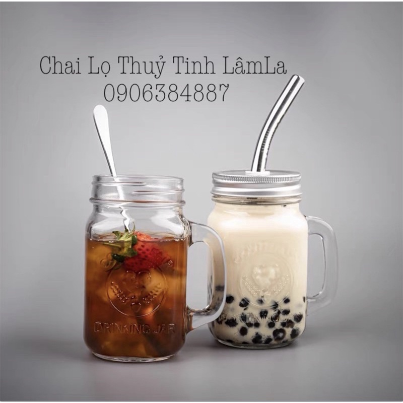Cốc Ly Quai Thuỷ Tinh Hình Drinking Jar Nắp Nhôm Bạc 480ml