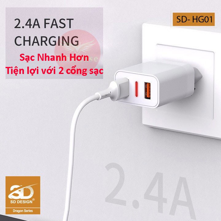 Bộ Củ + cáp sạc SD DESIGN HG 01 sạc nhanh có chân sạc lightning, TypeC, Micro cho mọi điện thoại Iphone, samsung, xiaomi