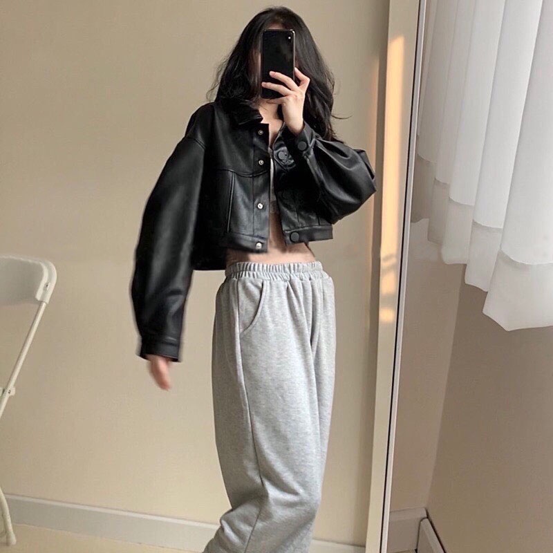 Áo Khoác Da Croptop Dài Tay Form Rộng - Áo jacket nữ khoác ngoài dáng ngắn tay bồng, thiết kế độc đáo, cá tính Ulzzang