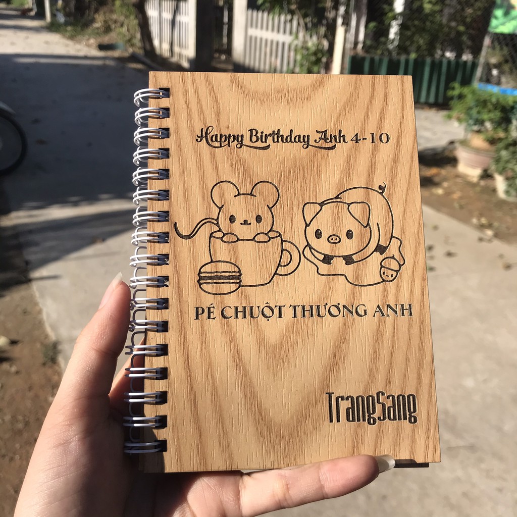 SỔ TAY QUÀ TẶNG SINH NHẬT TÌNH YÊU - Khắc hình chuột và heo đáng yêu - Thiết kế theo yêu cầu - Size 10x15cm (A6)