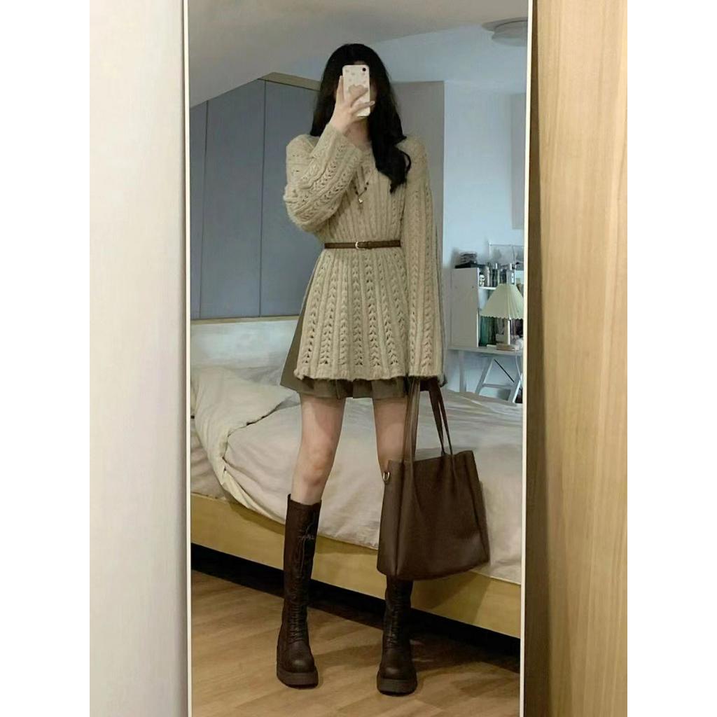 Set 2 Món Thiết Kế Kiểu Nữ, Váy Len Dài Mix Chân Váy Xếp Li Eo Cao Tôn Dáng Cá Tính Dành Cho Bạn Gái