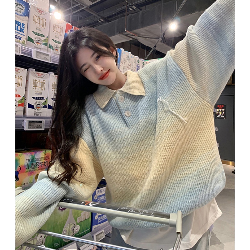 Áo Sweater Dệt Kim Cổ polo Dáng Rộng Màu Sắc Cầu Vồng Xinh Xắn Dành Cho Nữ