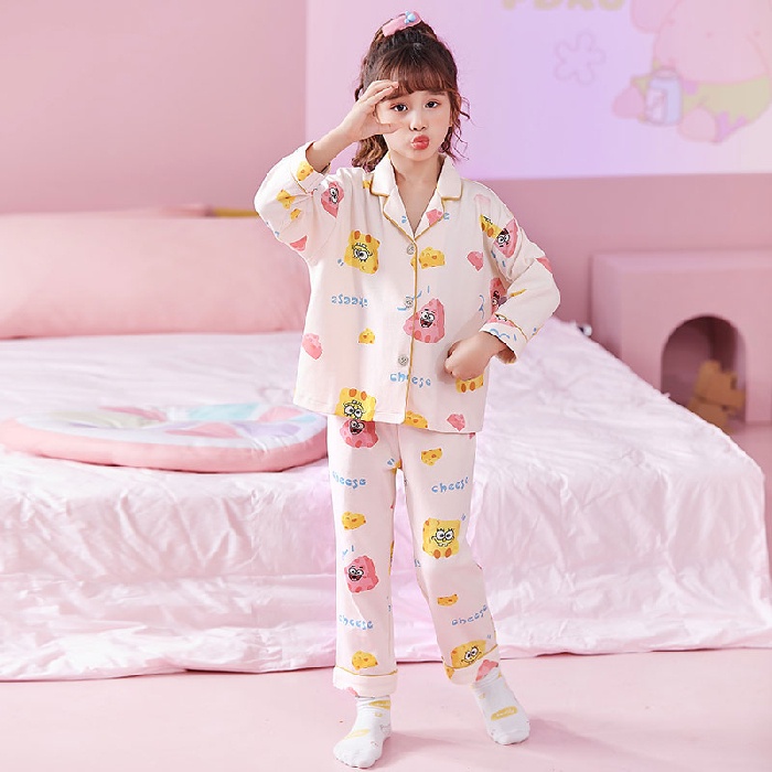 Bộ Đồ Ngủ Tay Dài Chất Cotton In Họa Tiết Hoạt Hình Phong Cách Hàn Quốc Xinh Xắn Cho Bé Gái