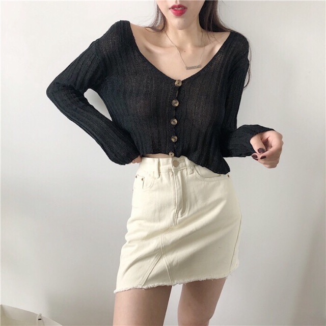 Áo len croptop dài tay cổ chữ V Ulzzang nữ - ảnh thật | BigBuy360 - bigbuy360.vn