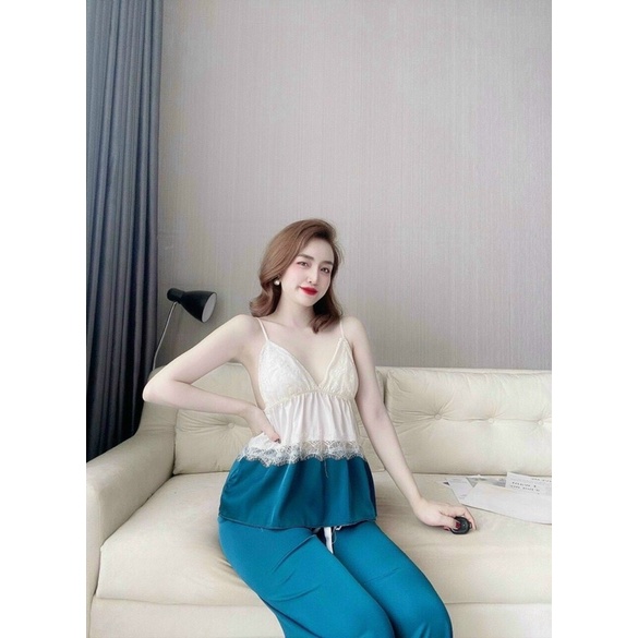 Set bộ ngủ dài hai dây lụa satin phối lưới có mút cao cấp | BigBuy360 - bigbuy360.vn