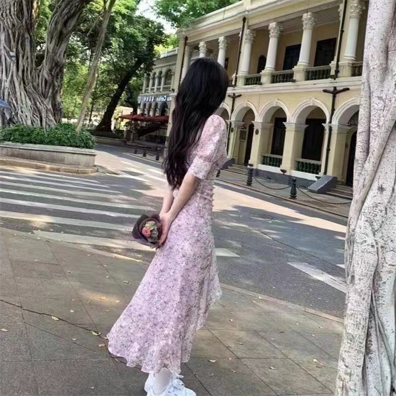 Đầm PERTY dáng dài tay ngắn phồng cổ vuông thiết kế xẻ tà họa tiết hoa thời trang mùa hè thanh lịch mới cho nữ