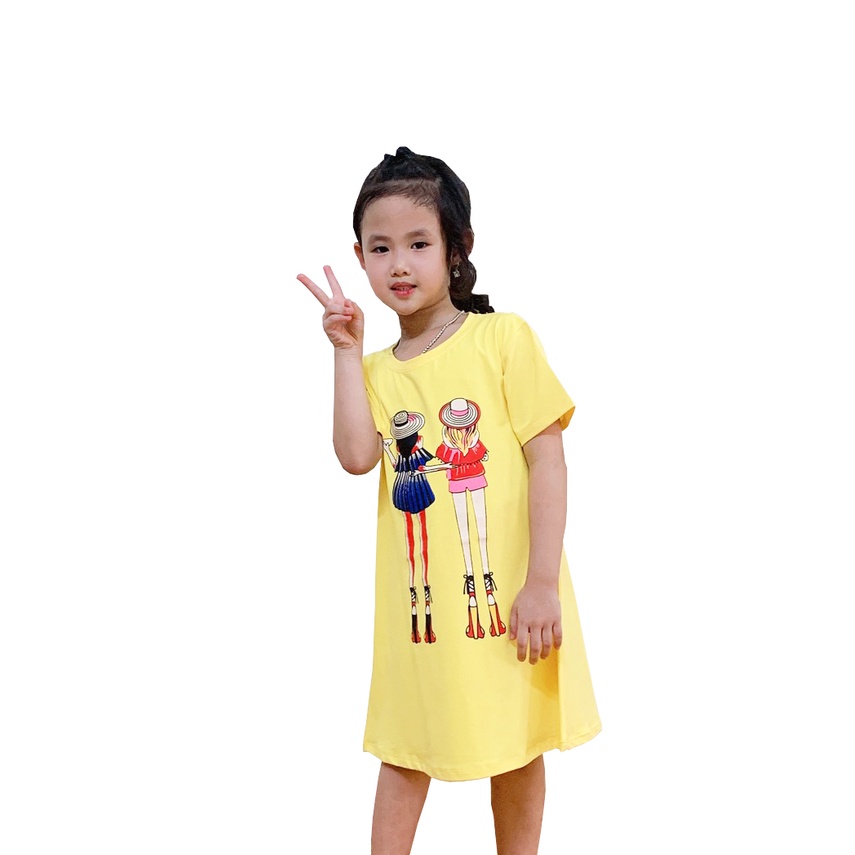Đầm Bé Gái Tay Ngắn Cho Bé 2-12 Tuổi Hình In Couple Girl Siêu Dễ Thương