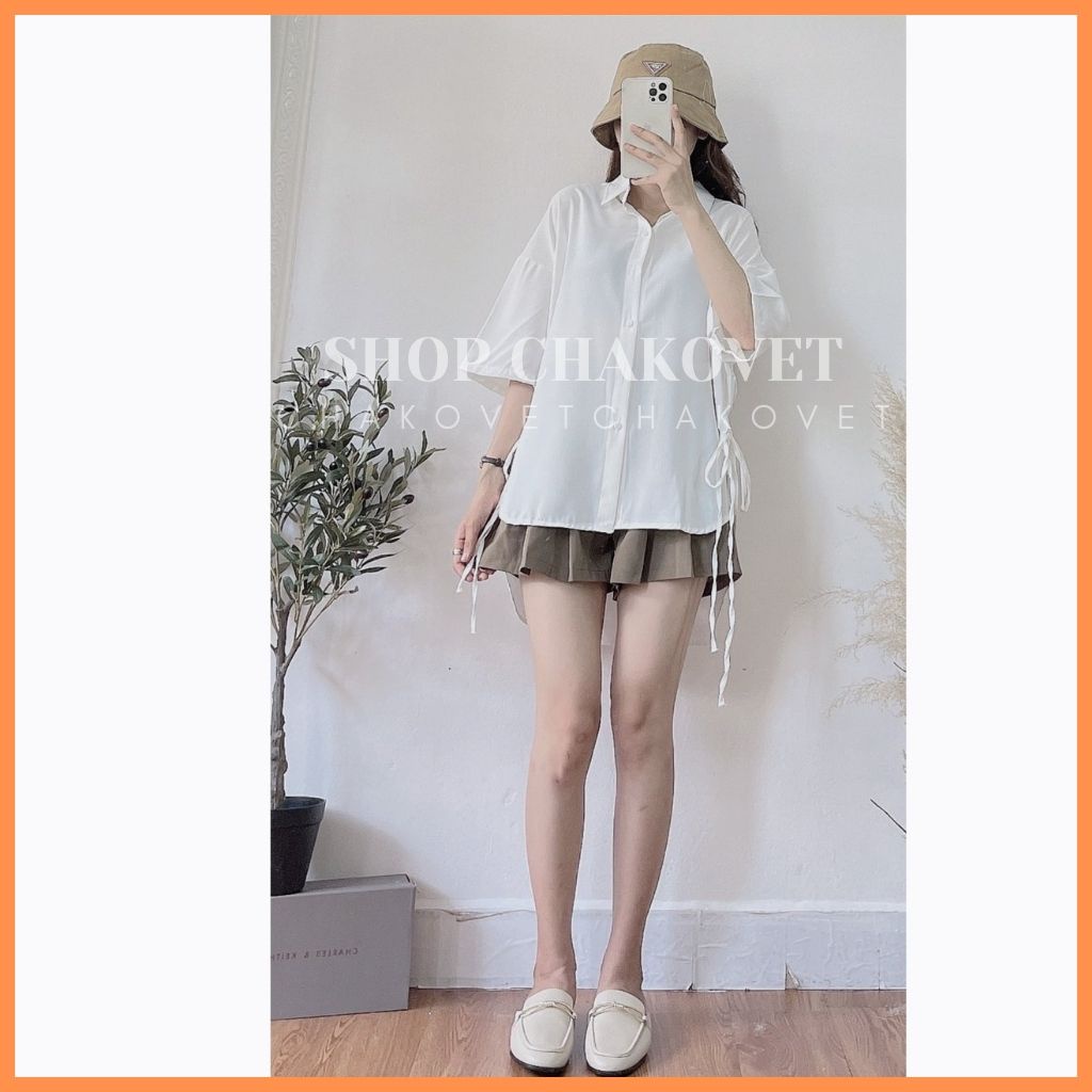 Áo babydoll nữ tay ngắn buộc nơ CKA865, mẫu áo sơ mi nữ form rộng xẻ tà 2 bên thắt nơ siêu xinh freesize &lt;53kg mẫu mới