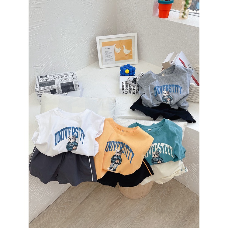 Bộ Áo Thun Cotton + Quần Lửng Sát Nách Phong Cách Phương Tây Thời Trang Mùa Hè Cho Bé Trai