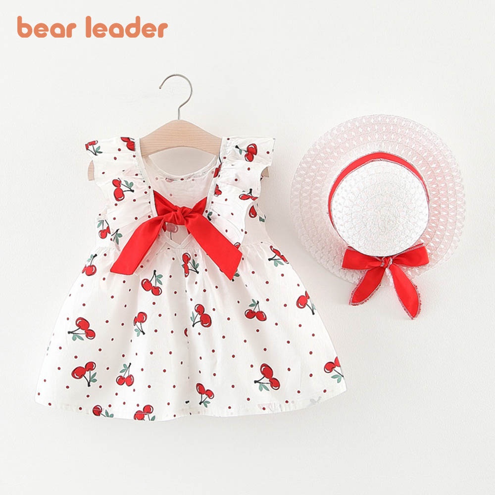 Đầm đi biển BEAR LEADER họa tiết trái cherry kèm mũ thời trang mùa hè cho bé gái 0-24 tháng tuổi