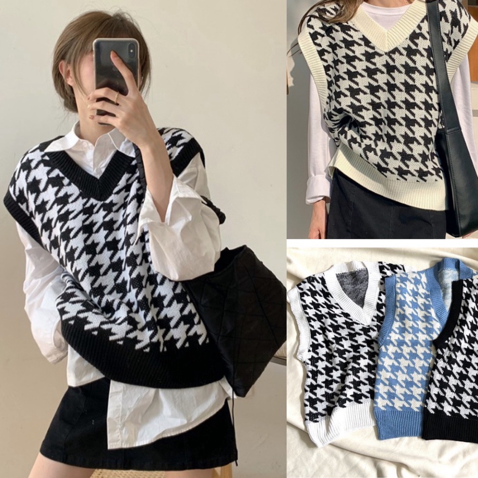 Áo gile len kẻ caro,áo ghile nữ họa tiết zizax hàng đẹp Quảng Châu A491 Noiyxanh nội y xanh chất len quảng châu