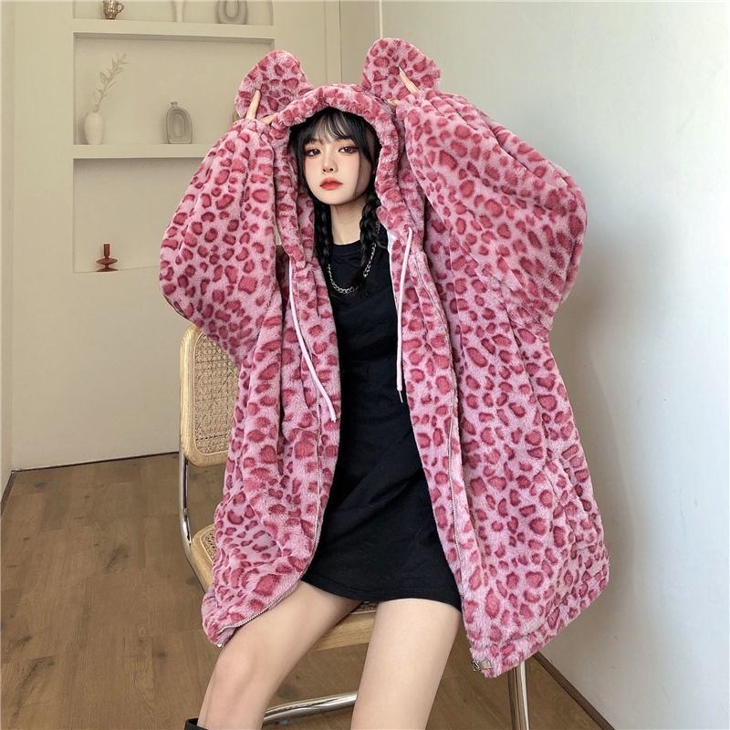 Áo Khoác Lông Cừu Dáng Rộng Có Đệm Cotton In Họa Tiết Da Báo Màu Hồng Phong Cách Hàn Quốc Rockmagic Dành Cho Bạn Nữ