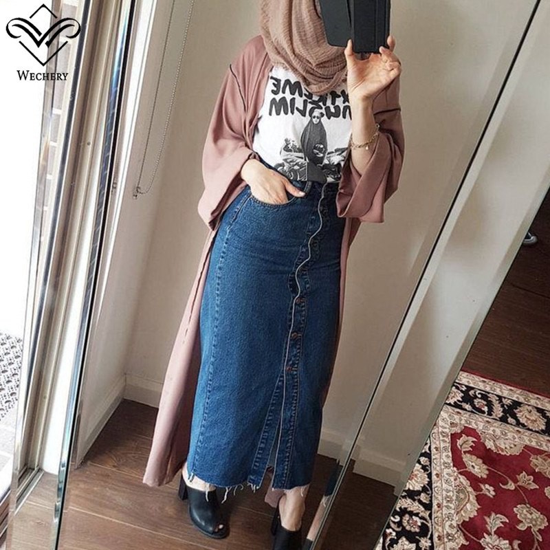 Chân Váy Jean Dài Màu Xanh Dương Phong Cách Đạo Hồi 2018