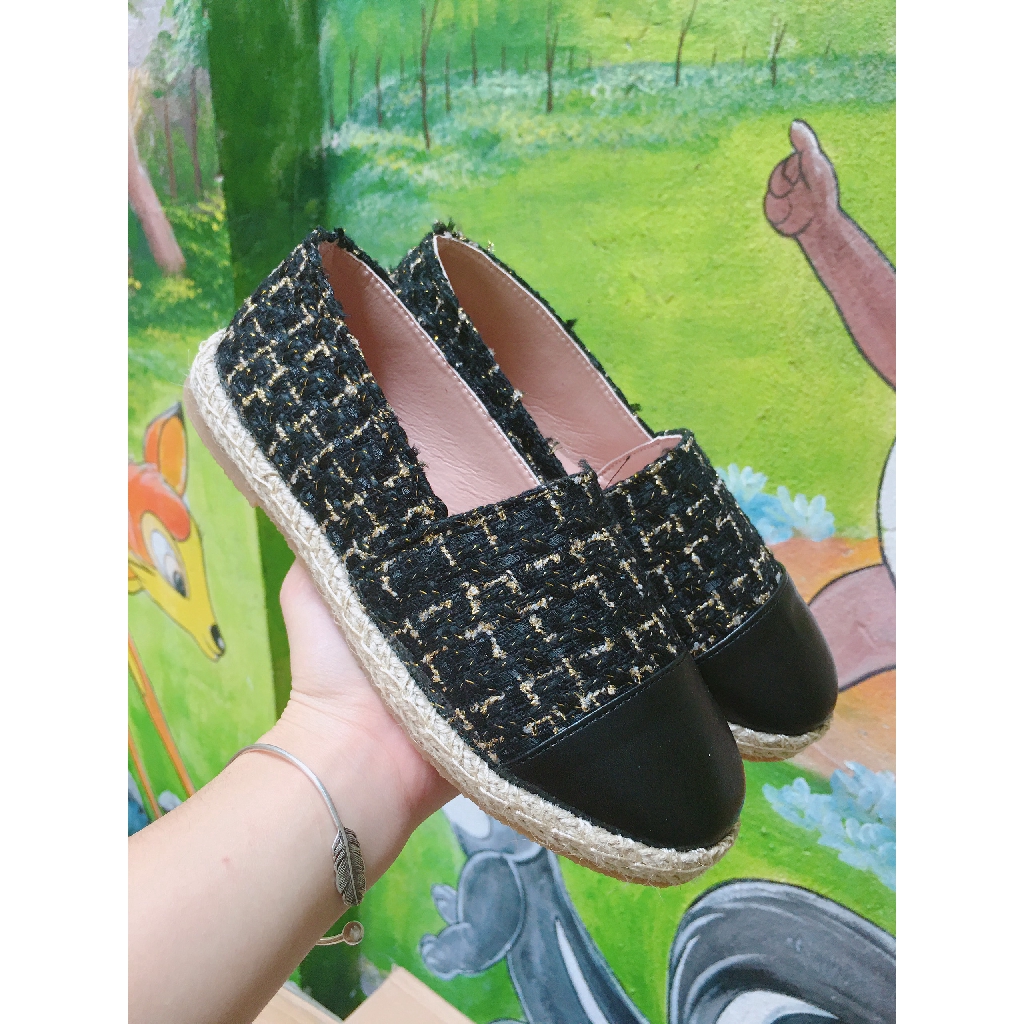 Giày Slip on Viền Cói Chất Vải Dệt Mũi Da (Fullbox M889)