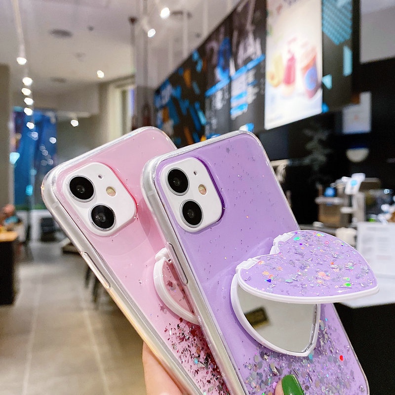 Case iPhone 12 Mini 11 Pro Max 6 6S 7 8 Plus X XR XS XS Max SE 2020 Epoxy Silver Foil Glitter Phone Case Heart-shaped mirror bracket - Green  Purple