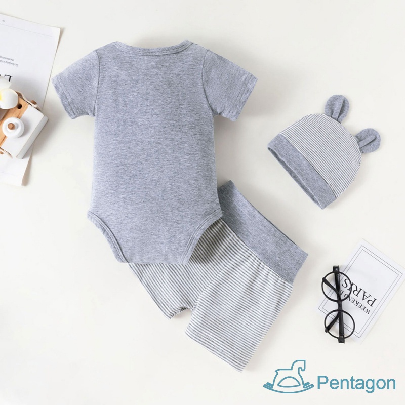 Bộ 3 Món Áo Liền Quần Tay Ngắn + Quần Short + Nón In Hình Voi Dễ Thương Cho Bé Sơ Sinh
