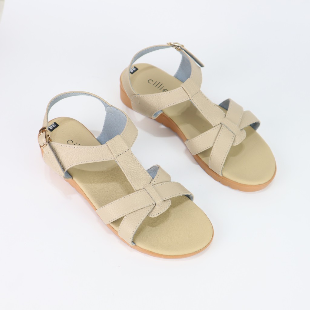 Giày sandal nữ da thật đế bệt êm mềm ôm chân cao 3cm mang đi làm đi học Cillie 1008