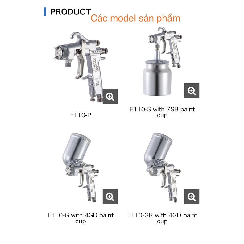 Súng phun sơn Nhật Bản Meiji F110-G10T (1.0mm), F110-G13T (1.3mm), F110-G15T (1.5mm) Gồm cốc 4GD