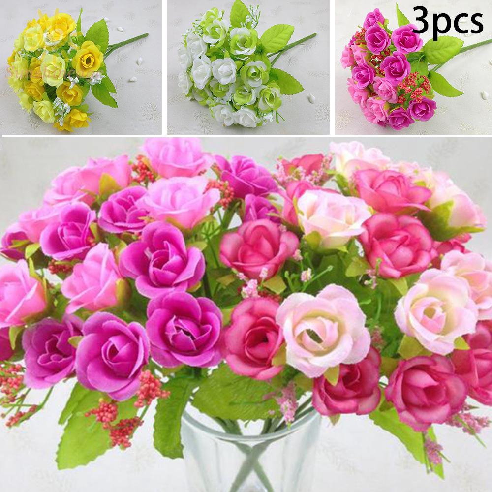 3pc 21 Head Artificial Plastic Rose Silk Flower Wedding Bouquet Home Decor