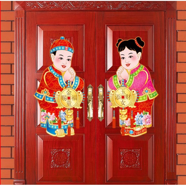 Decal trang trí Tết -  Cặp tranh Cô Cậu Chúc Xuân