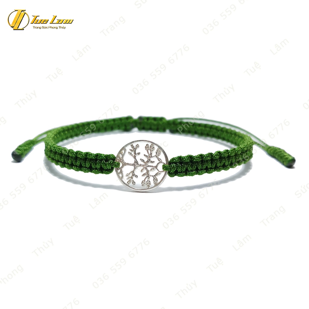 Vòng tay chỉ may mắn màu xanh bện handmade charm bạc hình cây bình an - Tuệ Lâm