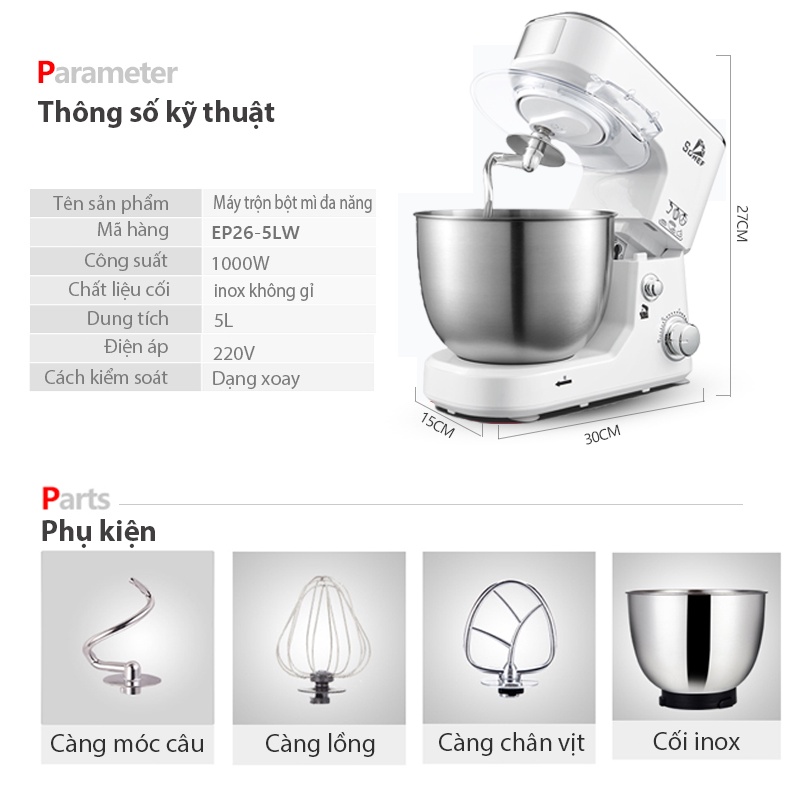 Máy trộn bột máy đánh trứng cỡ lớn đa năng bát inox 5 lítcông suất máy trộn bột đa năng đánh kem -Hạn bảo hành 12 tháng